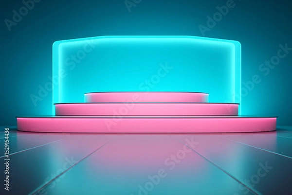 Obraz Beautiful colorful podium with neon colorful soft lights in turquoise and pink. Empty interior for presentation.