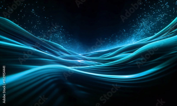 Obraz Abstract geometric blue waves rolling in infinite free space on black background. Current of voltage and energy.