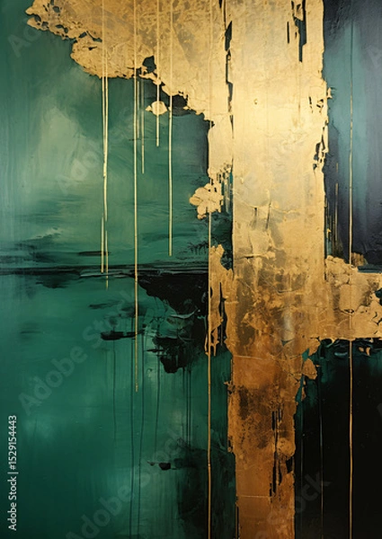 Obraz Abstract painting depicting gold and dark green paint flowing down a wooden wall.