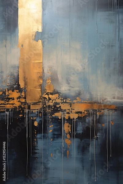 Obraz Abstract painting depicting gold and dark gray paint flowing down a wooden wall.