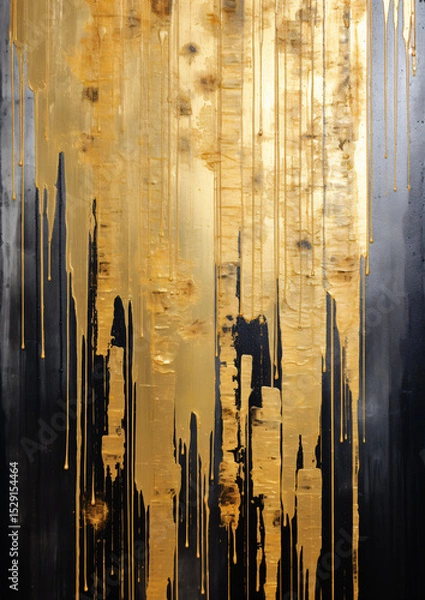 Obraz Abstract painting depicting gold and dark gray paint flowing down a wooden wall.