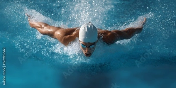 Fototapeta A professional swimmer in competitive swimming gear propelling themselves forcefully through the clear blue water of a swimming pool