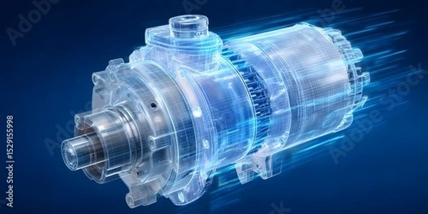 Obraz A transparent futuristic looking prototype of an electric motor displayed on a holographic projection showcasing its intricate inner workings and engineering design