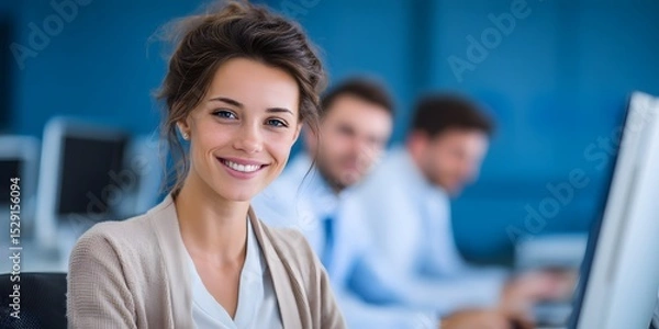 Fototapeta A young enthusiastic businesswoman working on a computer in a bright technology driven modern office environment surrounded by her focused team