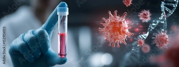 Fototapeta A scientist in a laboratory coat holds a test tube containing a sample as red virus particles are displayed on a computer screen in the background