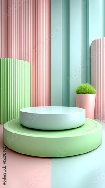 Fototapeta A minimalist geometric composition featuring a light green circular platform or podium displayed against a pastel colored striped backdrop