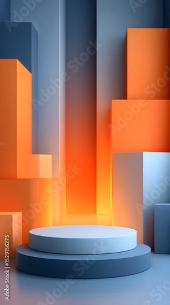 Fototapeta A modern minimalist composition featuring abstract geometric shapes in a gradient of vibrant orange and cool blue hues arranged on a sleek platform display