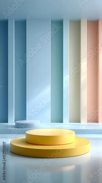 Fototapeta A yellow circular platform elevated on a pedestal standing in a clean pastel colored studio or exhibition space with geometric architectural elements