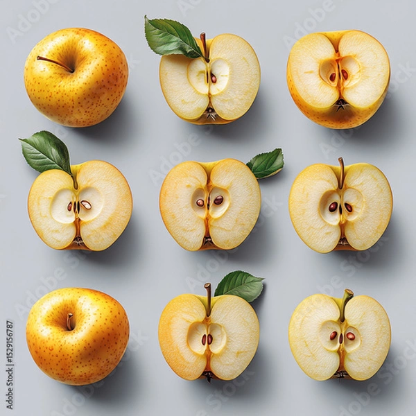 Obraz The image shows nine yellow apples on a grey background - whole fruits and their cut halves.