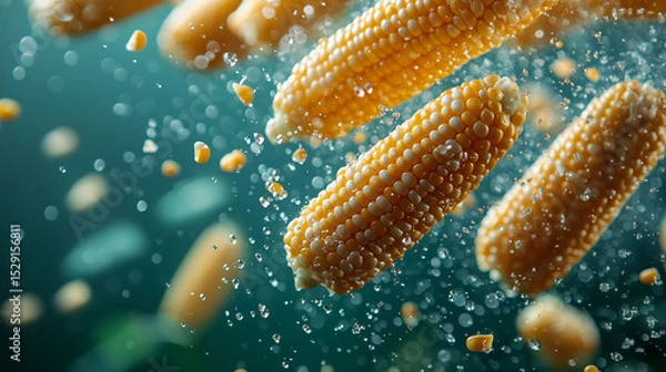 Obraz A close-up of corn cobs submerged in water, with air bubbles and individual kernels flying around them