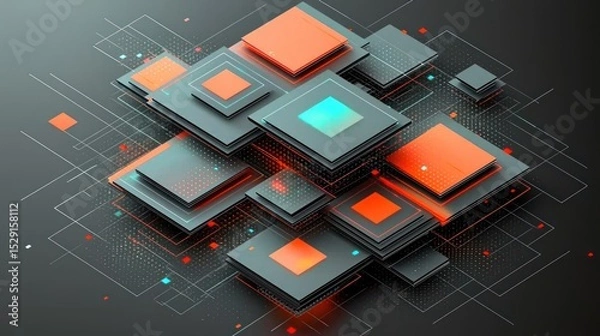 Fototapeta An abstract composition of layered, geometric shapes in shades of grey, orange, and teal, set against a dark background with thin grid lines