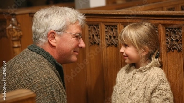 Fototapeta Tender Moment Between Grandfather and Granddaughter in Church Setting, Sharing Joyful Conversation in Cozy Sweaters and Warm Atmosphere