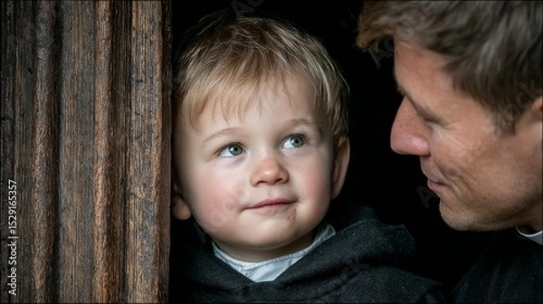 Fototapeta Tender Moment Between Father and Child in Rustic Setting Showcasing Love, Joy, and Connection Through a Sweet Smile and Warm Expression