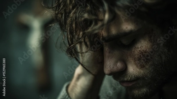 Fototapeta Emotional portrait of a pensive young man with messy hair, somber expression, and scars, reflecting contemplation and inner struggles in a dramatic setting.
