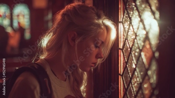 Fototapeta Contemplative young woman standing by stained glass window in soft light, showcasing emotional depth and serene atmosphere in an intimate setting