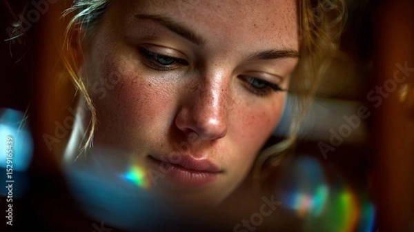 Fototapeta Young woman gazing thoughtfully at shimmering light reflections, exploring creativity and inspiration within an intimate indoor environment