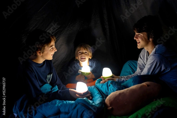 Obraz Children, siblings, enjoying a night in a tent in camping, laughing and reading books
