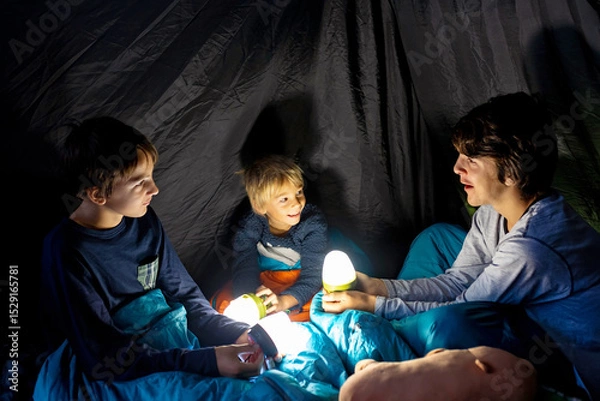 Obraz Children, siblings, enjoying a night in a tent in camping, laughing and reading books