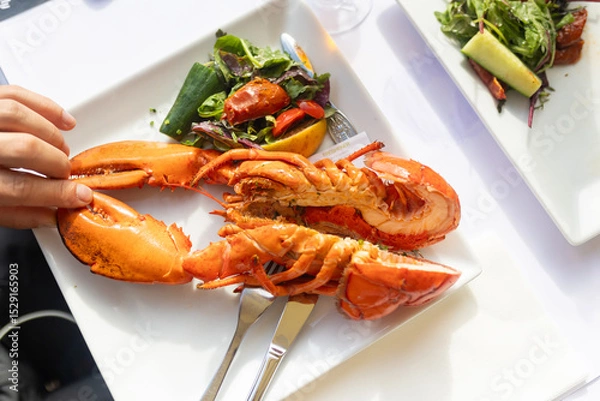 Obraz Family with children, having lunch in a restaurant in Coppenhagen, eating local fish and lobster thermidor with salad and fries