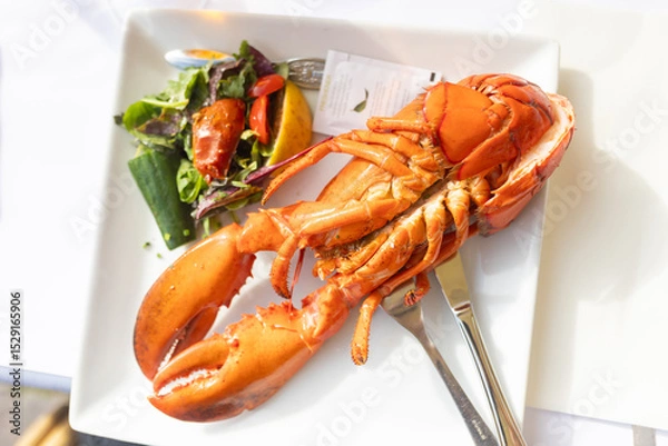 Obraz Family with children, having lunch in a restaurant in Coppenhagen, eating local fish and lobster thermidor with salad and fries