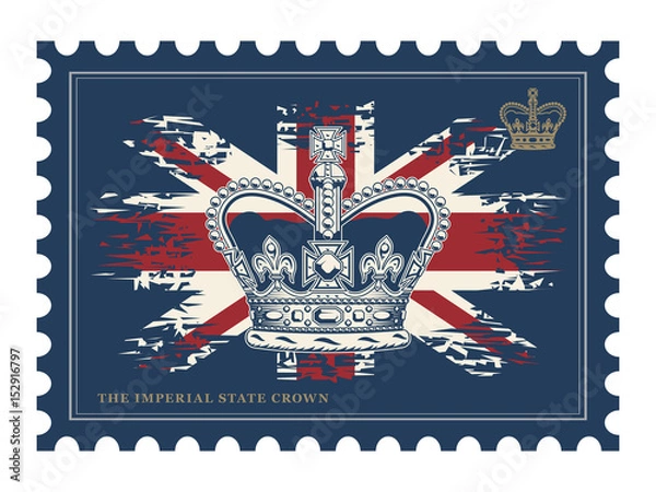 Obraz Postage stamp with imperial state crown on UK flag background. Vector illustration, isolated on white.