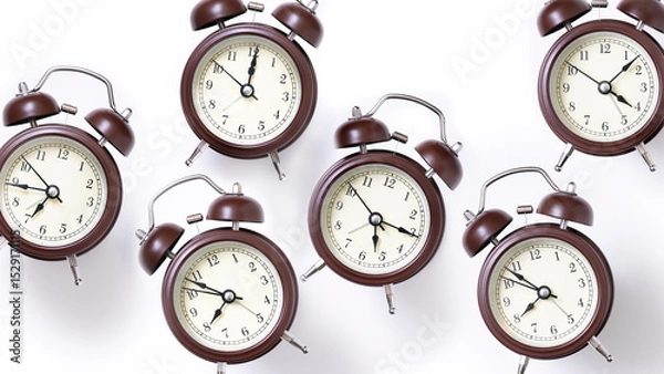 Fototapeta Random pattern of alarm clocks on a white background
