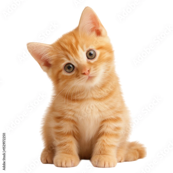 Fototapeta Curious orange kitten looking playful and engaged. isolated on a white background.