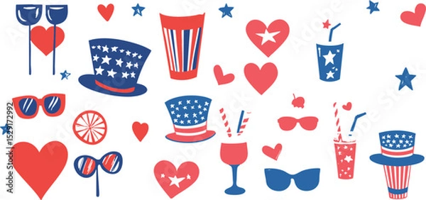 Obraz Vector bundle of 4th of July icons including American flags, bald eagles, beer glasses, patriotic hats, and fireworks. Designed for fun and freedom-themed designs, marketing, and event branding.
