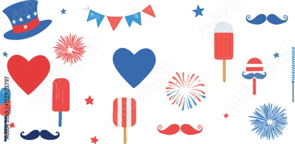 Fototapeta Celebrate America with this vector collection of patriotic elements like Uncle Sam’s hat, firecrackers, glasses, beer mugs, and flags. Ideal for festive merchandise, ads, and digital decoration.