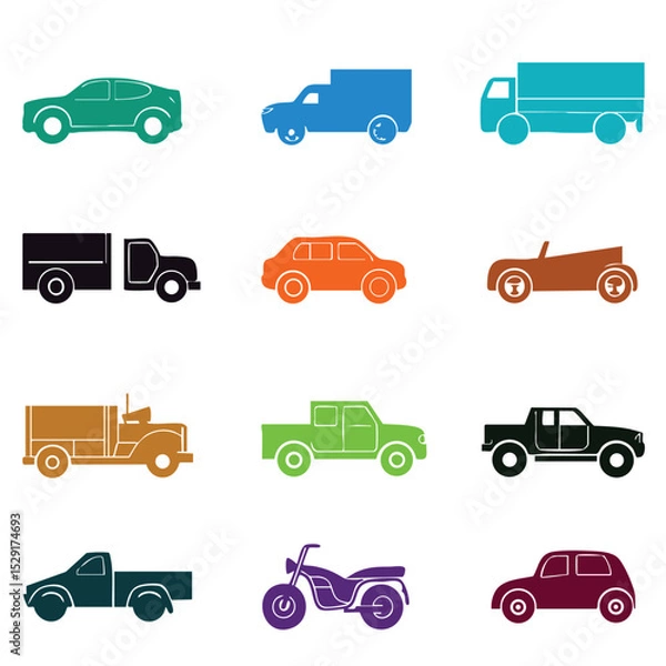Fototapeta Set of vehicle silhouettes in line art form such as cars, motorbikes, trucks and pick-ups