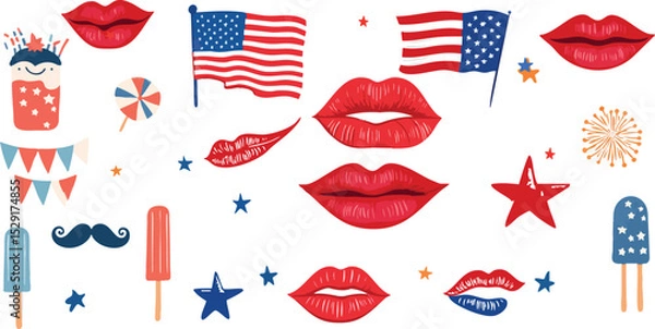 Obraz A festive vector set for the 4th of July celebration featuring American flags, bald eagles, Uncle Sam hats, fireworks, beer glasses, and patriotic sunglasses. Perfect for party invites and event poste