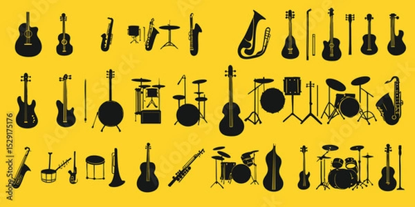 Obraz Set of silhouettes of musical instruments such as drums, violins, trumpets and guitars
