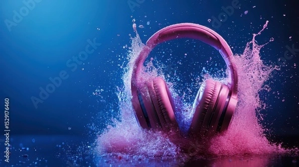 Fototapeta A pair of pink headphones dramatically splashes into a burst of vibrant colors, symbolizing the joyful energy of music and its ability to resonate within us.