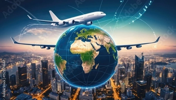 Fototapeta An airplane circling the world while displaying business charts and a cityscape represents international logistics and air travel.