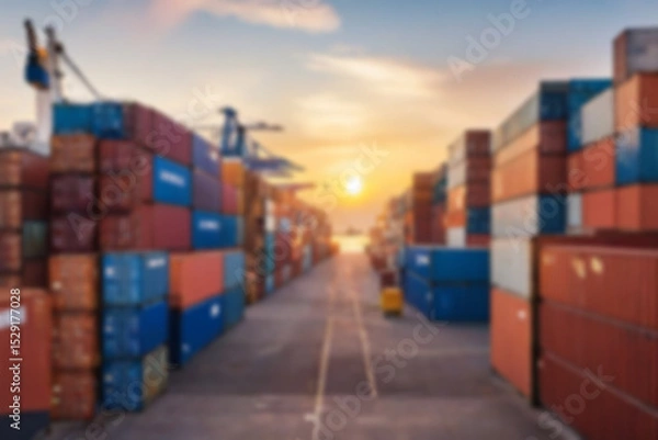 Fototapeta Blurry photo of stacks of containers on the harbor dock ready to be lifted onto a ship with an afternoon sunset, blurry harbor.