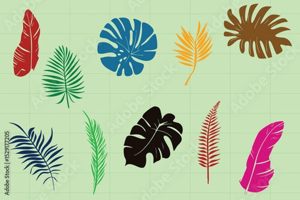 Obraz Flat and lineart vector leaf decorations, featuring diverse leaf shapes from tropical to temperate. Ideal for logos, posters, greeting cards, web design, and any botanical or garden-inspired illustrat