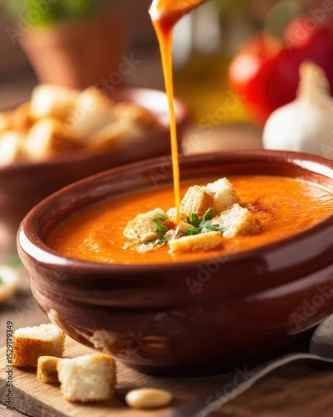 Obraz closeup shot ready to serve salmorejo on plate shallow  warm natural lighting studio background