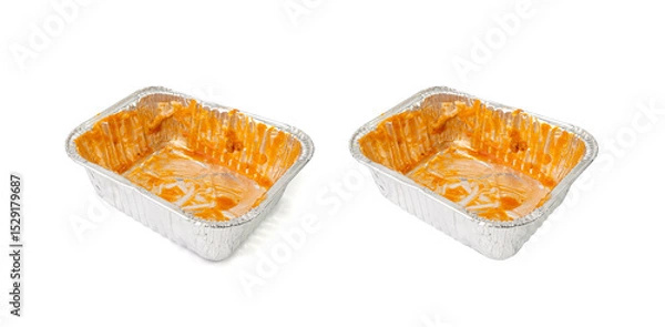 Obraz Empty aluminium foil tray isolated, lasagne food remains in dirty packaging for heating, food waste