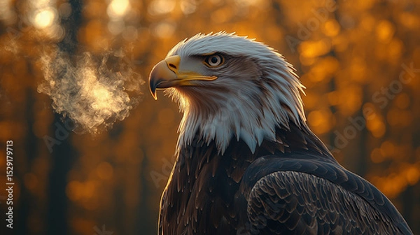 Obraz A mighty bald eagle stands frozen in the morning chill, like a guardian of the forest. Light steam escapes from its beak.