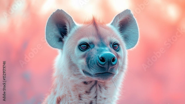 Obraz The look of the young hyena is full of life and curiosity, and the fluffy ears and contrasting background of pink and peach shades create a harmonious and dreamy mood.