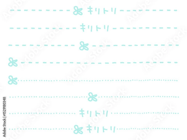 Fototapeta 手描きのゆるくて可愛いハサミと点線・切り取り線のセット