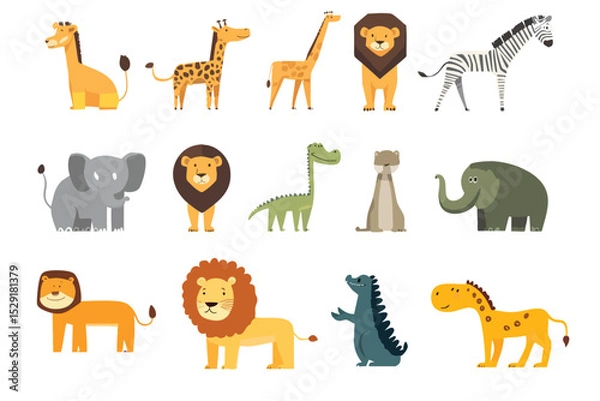 Obraz A playful vector collection of flat-style cute animals including lions, giraffes, zebras, dinosaurs, and elephants. Each animal stands in fun poses on a white background—perfect for children’s designs