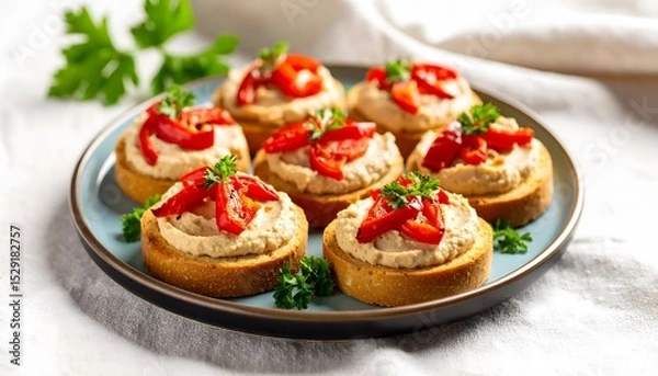 Obraz Appetizing crostini with hummus and red pepper on a blue plate