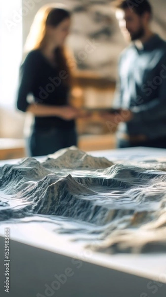 Fototapeta Two geologists are analyzing a detailed 3d printed model of a mountain range, possibly assessing geological features, seismic risks, or planning infrastructure projects in their laboratory