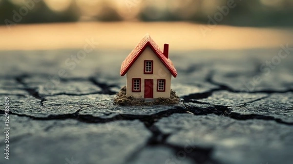 Fototapeta Miniature house perched on cracked ground, illustrating the aftermath of an earthquake and highlighting themes of property damage, insurance challenges, and the impact of natural disasters