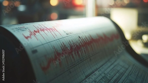 Fototapeta Seismograph needle drawing seismic waves on a roll of paper, recording ground motion during an earthquake event, providing crucial data for geologists and scientists