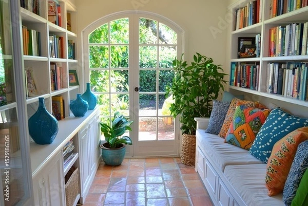Fototapeta Small sunroom with white cabinets and shelves, brown ceramic tile floor, colorful pillows, large window, arched glass door to garden, blue vases, green plant, and bookshelves filled with books