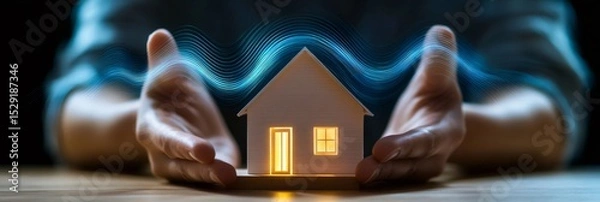 Fototapeta Insurance agent protecting an illuminated house model from blue seismic waves with cupped hands, symbolizing earthquake insurance and property protection