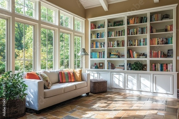 Fototapeta Sunroom with white cabinets and bookshelves, tan walls, brown tile floor, colorful accents, sofa, and large windows