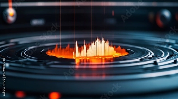 Fototapeta Glowing seismic waves are spreading on a futuristic seismograph, indicating an earthquake, potentially causing destruction and highlighting the power of nature